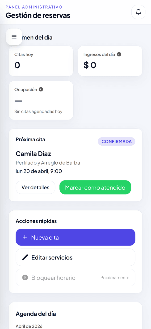 Página de reservas de GestoriX en móvil